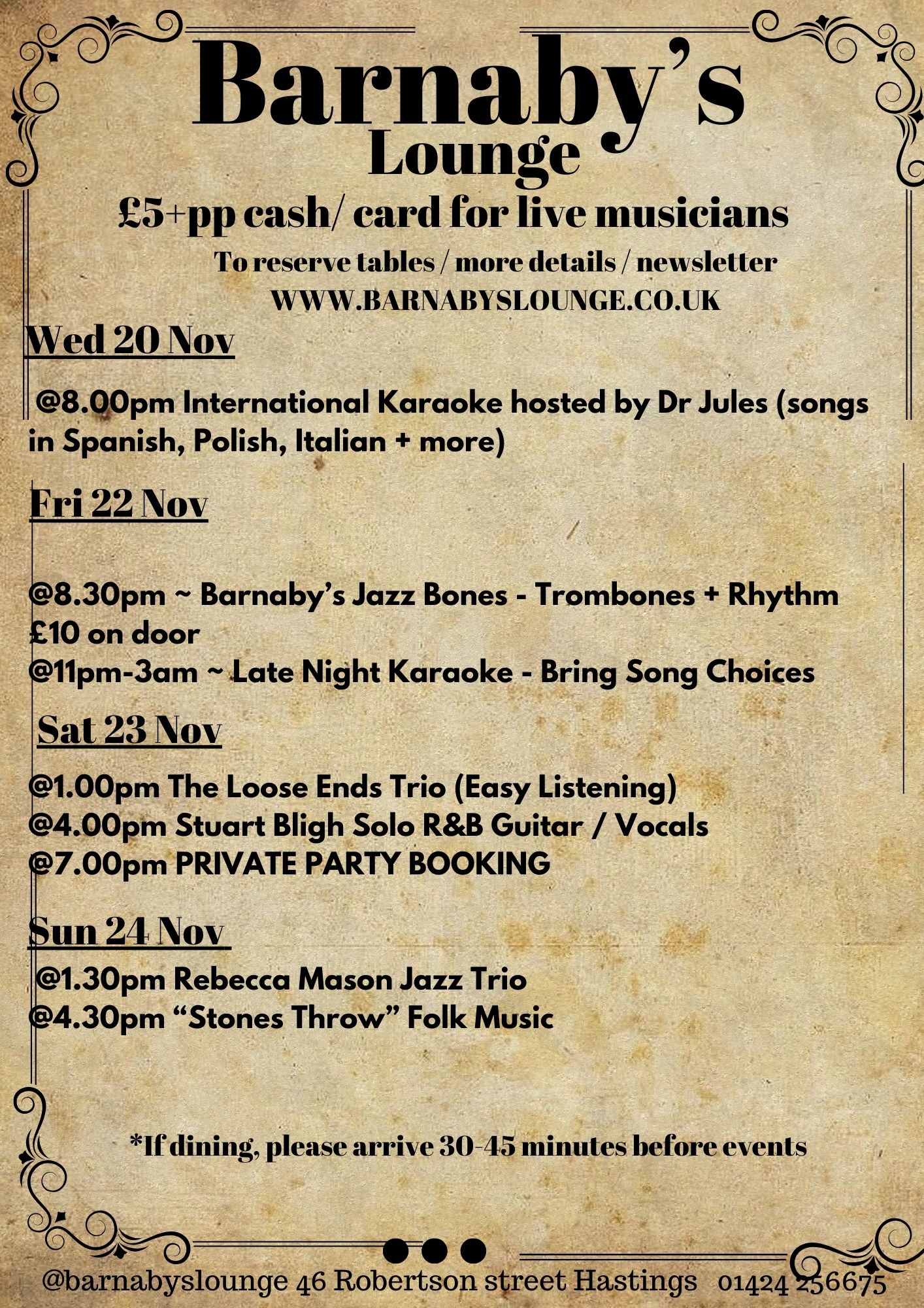 What's On at Barnaby's Lounge. Join our mailing list