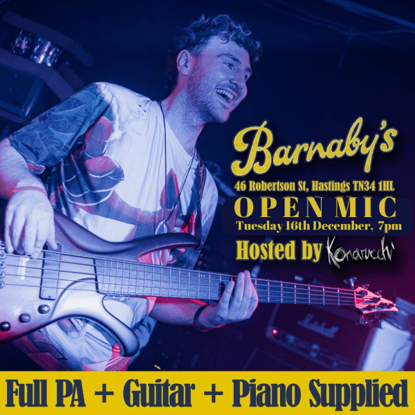 Open Mic Konarucchi Acoustic Event Barnabys Lounge Live Music Hastings Sussex Handmade pasta Head Chef Burgers Gourmet Food Party Venue