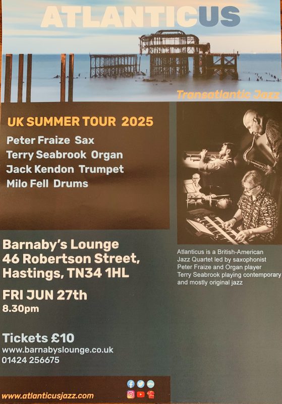 US-UK Jazz Organ Quartet with Washington DC saxophonist Peter Fraize and Brighton UK organist Terry Seabrook, trumpeter Jack Kendon, and drummer Milo Fell. Touring in the US this fall in support of their latest release Oceanic Barnabys Lounge