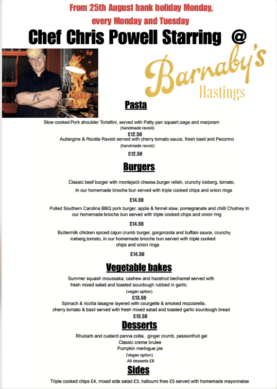 Chef Chris Powell Burgers Home-made Pasta Pop-up Kitchen Barnabys Lounge Cocktail Bar Hastings UK Sussex