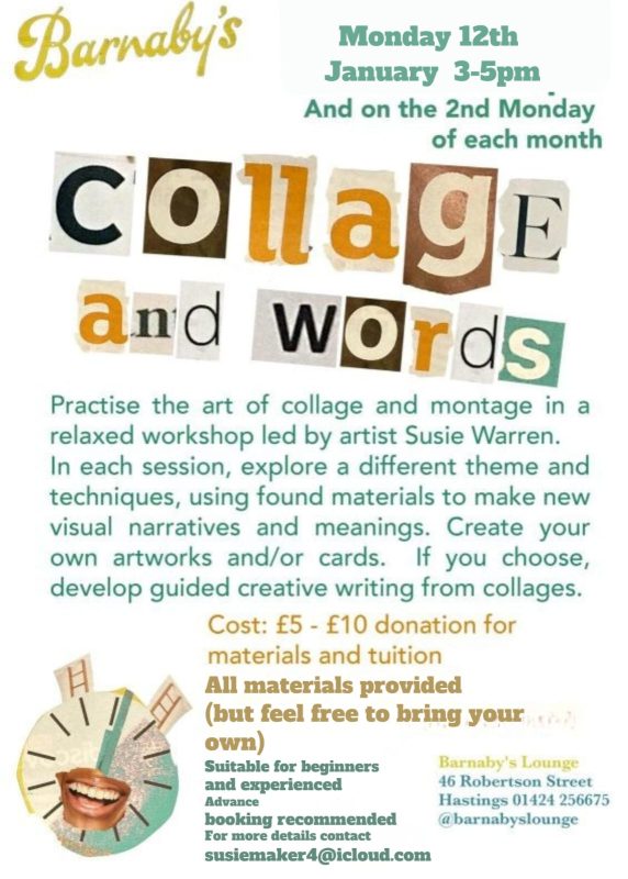 Susie Warren Collage Words Montage Workshop Barnabys Lounge Cocktail Venue Live Music Bar Hastings East Sussex UK