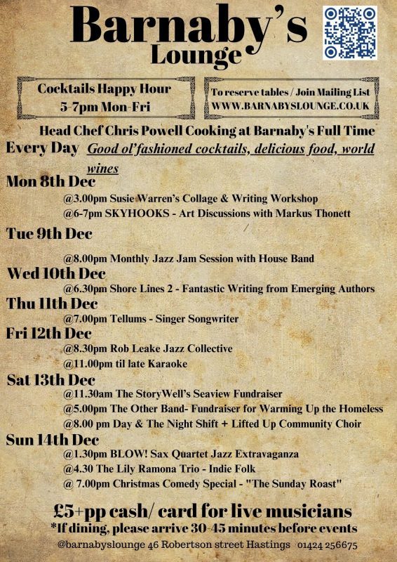 Barnaby’s Lounge Hastings Events 1-7 December - Sunday Roasts, Handmade Pasta and Burgers from Powell’s Kitchen by Head Chef Chris Powell, with live entertainment, jazz performances, hand-crafted cocktails