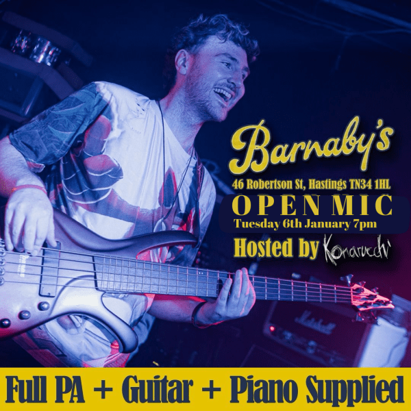 Open Mic Konarucchi Acoustic Event Barnabys Lounge Live Music Hastings Sussex Handmade pasta Head Chef Burgers Gourmet Food Party Venue