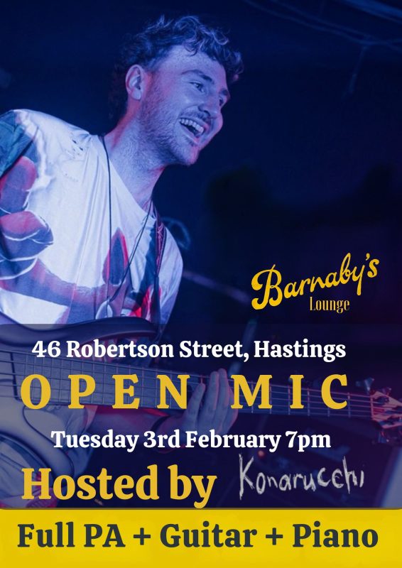 Open Mic Konarucchi Acoustic Event Barnabys Lounge Live Music Hastings Sussex Handmade pasta Head Chef Burgers Gourmet Food Party Venue Hastings UK