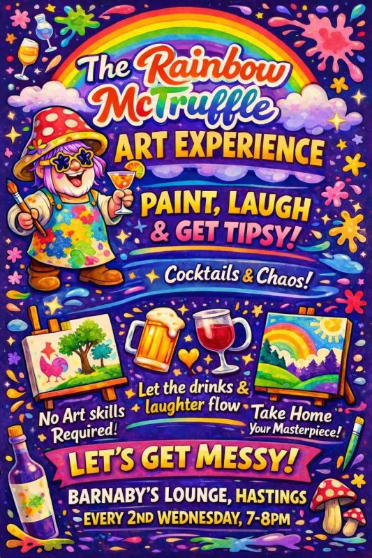 Rainbow McTruffle Art Experience Paint Laugh and Get Tipsy at Barnaby's Lounge - a messy art and drinks evening - cocktails, food available from Powell's Kitchen