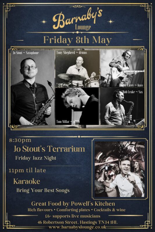 Jo Stout saxophone, Roger Carey bass, Tom Millar piano, Hastings,Jazz piano, classic piano, Jazz Jump Jive Barnaby's Lounge Live Music Jazz Club Cocktail Bar Hastings Sussex