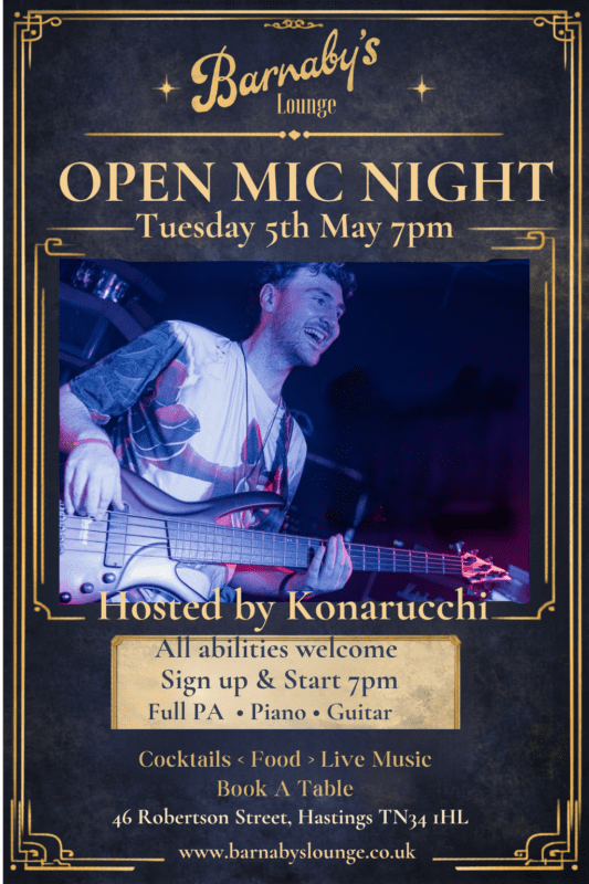 Open Mic Konarucchi Acoustic Event Barnaby's Lounge Live Music Hastings Sussex Handmade pasta Head Chef Burgers Gourmet Food Party Venue Hastings Uk
