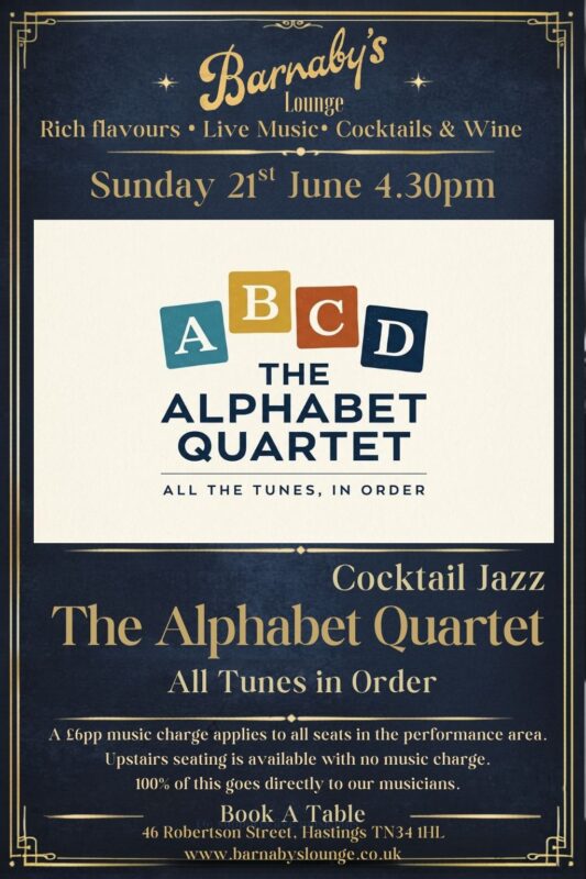 The Alphabet quartet jazz piano trio featuring Andy Nunn, Tony MacDonnell and Dan Dotor performing live at Barnaby’s Lounge in Hastings followed by karaoke night with cocktails and dining.