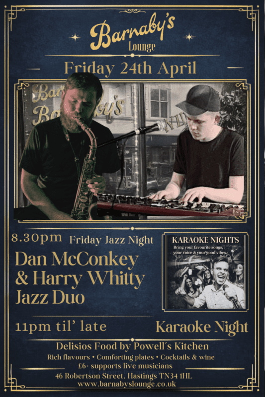 Daniel McConkey and Harry Whitty performing live jazz duo at Barnaby’s Lounge in Hastings followed by karaoke night, featuring saxophone and multi-instrumental performance in an intimate bar setting.