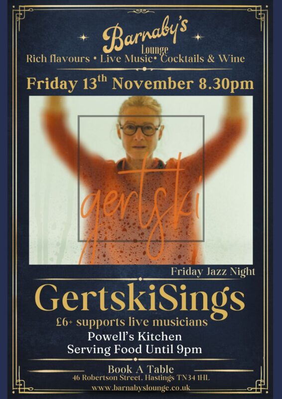 Promotional poster for live music at Barnaby’s Lounge in Hastings featuring Nikki (GertskiSings), a female vocalist performing jazz standards and soulful songs in an intimate cocktail bar setting.