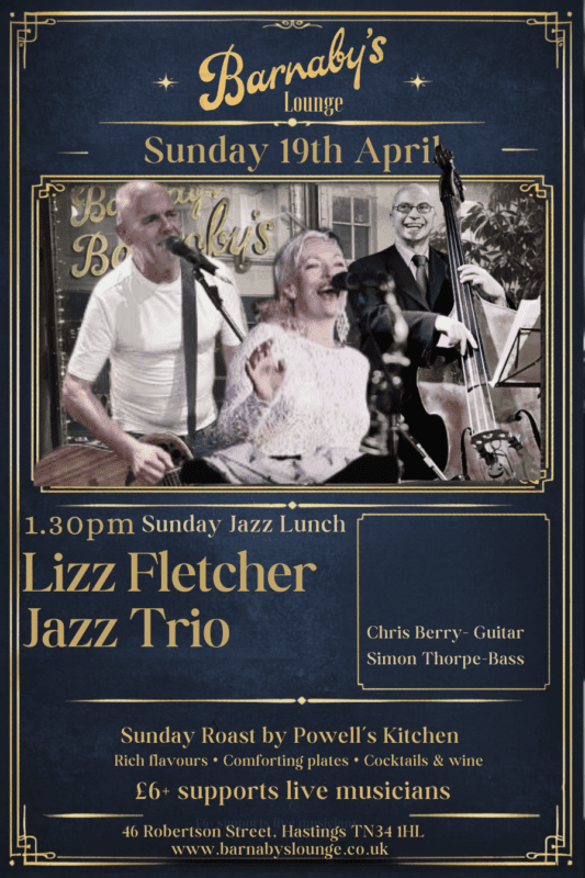 Liz Fletcher jazz trio performing live at Barnaby’s Lounge in Hastings featuring vocals, guitar and double bass during a Sunday jazz lunch with roast dining and cocktails.