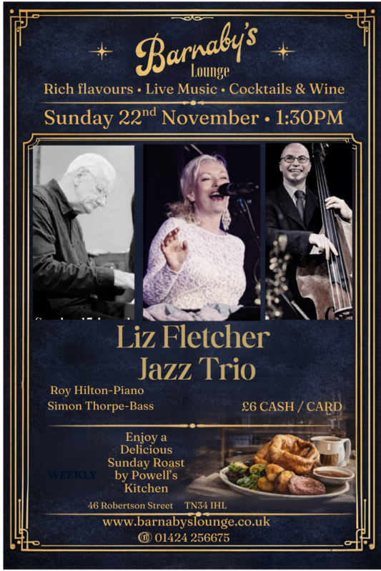 Liz Fletcher jazz trio performing live at Barnaby’s Lounge in Hastings featuring vocals, guitar and double bass during a Sunday jazz lunch with roast dining and cocktails.