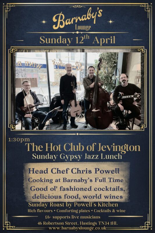 The Hot Club of Jevington performing live gypsy jazz at Barnaby’s Lounge in Hastings during Sunday lunch, with acoustic guitars, violin and double bass, alongside Sunday roast dining by Powell’s Kitchen.