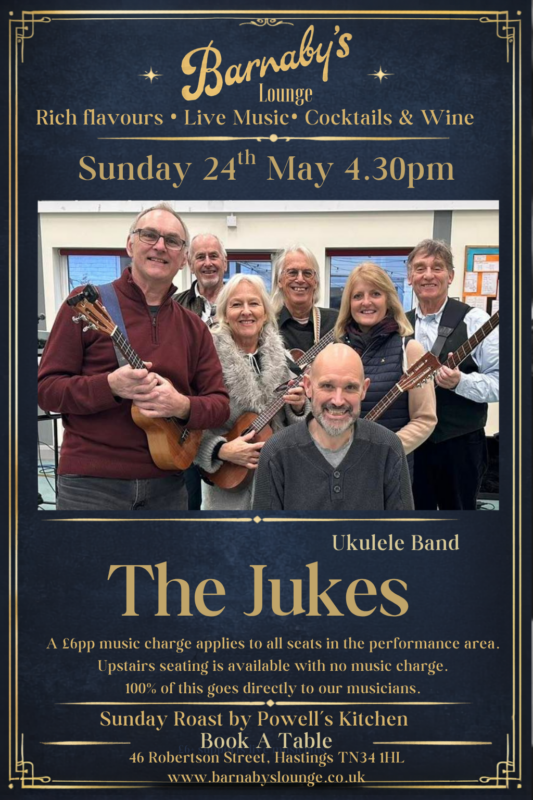 Poster for The Jukes Ukulele Band performing live at Barnaby’s Lounge Hastings during a Sunday jazz lunch with group musicians playing ukuleles.