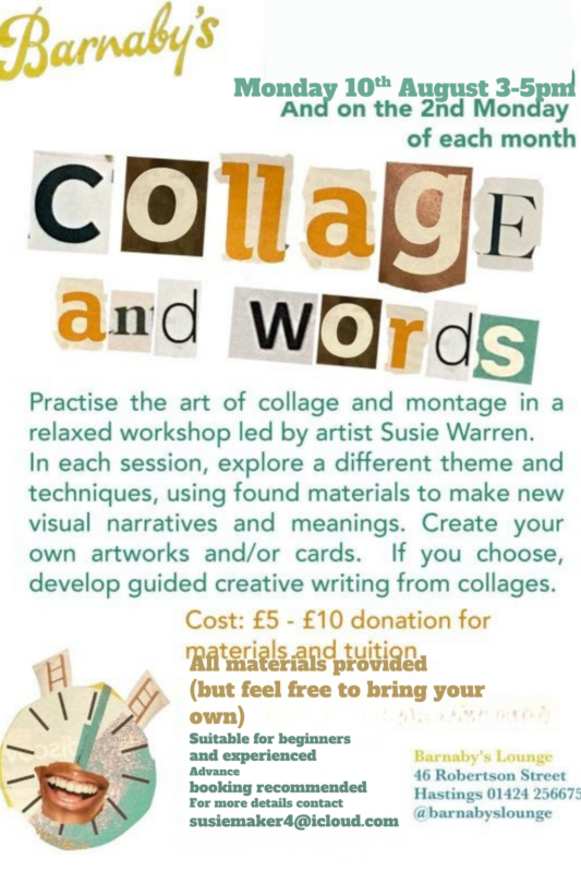 Susie Warren Collage Words Montage Workshop Barnabys Lounge Cocktail Venue Live Music Bar Hastings East Sussex UK