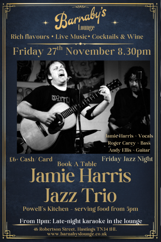 Jamie Harris, Roger Carey, Andy EllisJazz trio, Jazz Jump Jive Barnaby's Lounge Live Music Jazz Club Cocktail Bar Hastings Sussex