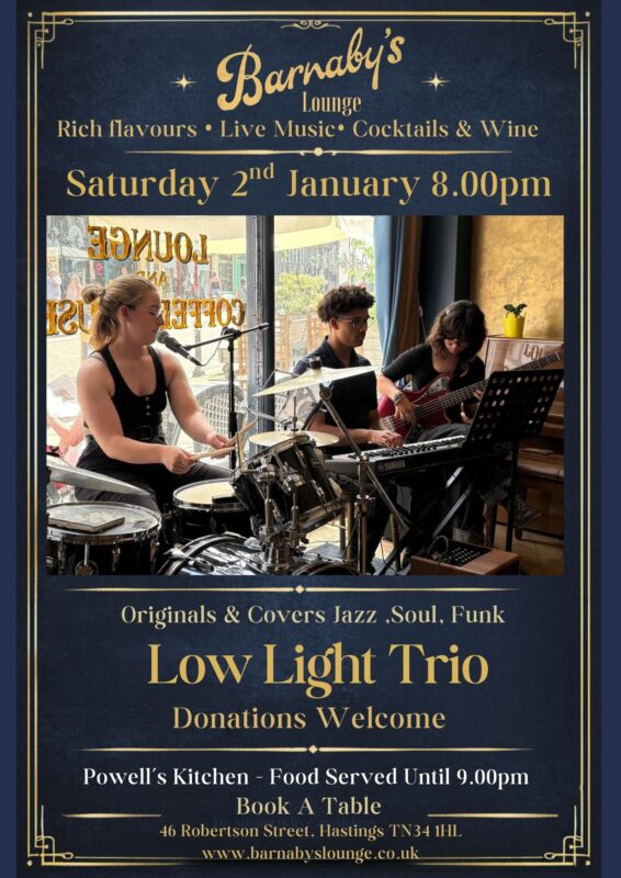 Low Light Trio performing live at Barnaby’s Lounge in Hastings, featuring jazz, soul and funk music.