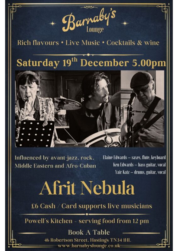 Afrit Nebula performing live, featuring Elaine Edwards on saxophone and flute, Ken Edwards on bass and vocals, and Yair Katz on drums, guitar and vocals.