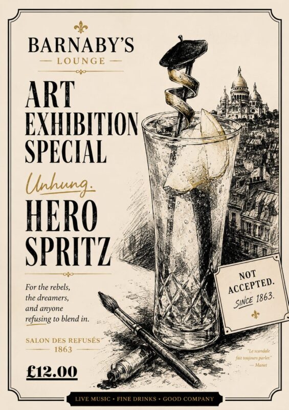 Unhung Hero Spritz Barnaby's Lounge Cocktail of the Month Chosen to complement our Art Exhibiton of the same name