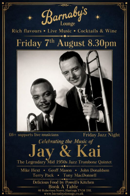 mike Hext Valve Trombone Jazz Trio Barnaby's Lounge Jazz Club Hastings Sussex UK Burgers Pasta Bar Food Top Chef Party Venue Award Winning cocktail bar, eat out