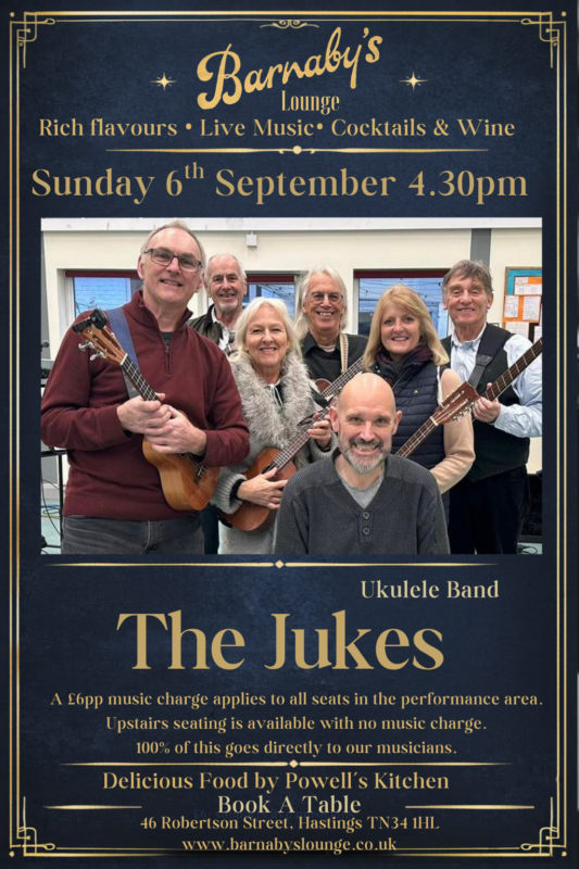 Poster for The Jukes Ukulele Band performing live at Barnaby’s Lounge Hastings during a Sunday jazz lunch with group musicians playing ukuleles.