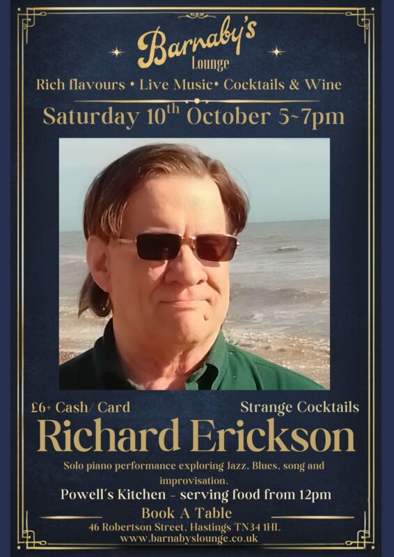 Monthly piano residence by Richard Erickson performing live at Barnaby’s Lounge in Hastings followed by karaoke night with cocktails and dining.