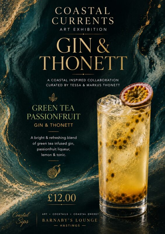 Cheekily named cocktail for Tessa and Markus Thonett's Coastal Currents Art Exhibition at Barnabys Lounge, Hastings, UK