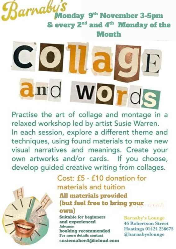 Susie Warren Collage Words Montage Workshop Barnabys Lounge Cocktail Venue Live Music Bar Hastings East Sussex UK
