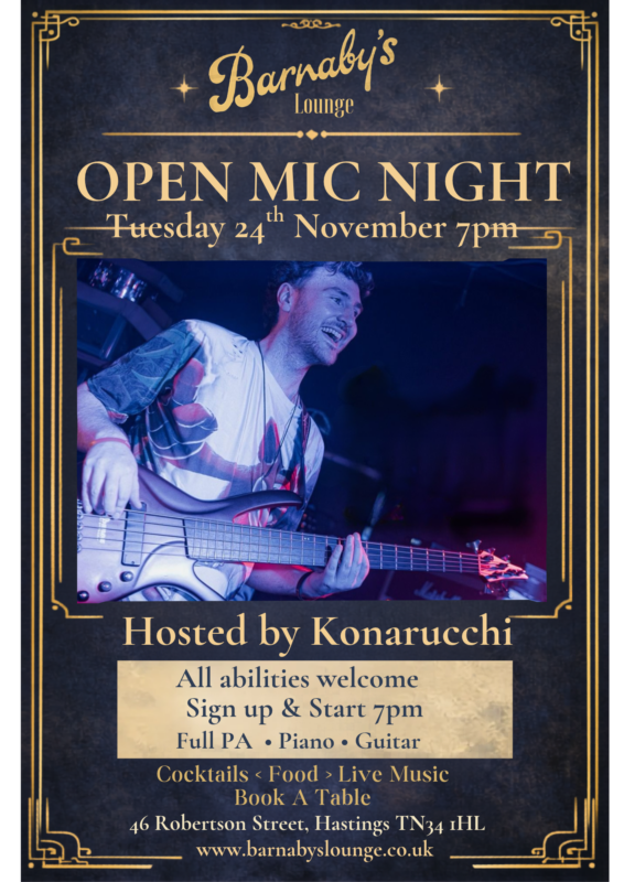 Barnaby’s Lounge event poster for Open Mic Night with Konarucchi, promoting an inclusive evening of live music and performances in Hastings on 24 November 2026, from 7pm to 10pm.
