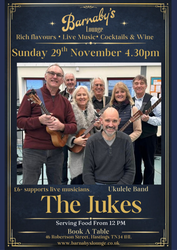 Barnaby’s Lounge event poster for The Jukes, a ukulele group performing live music in Hastings on Sunday 29 November 2026.